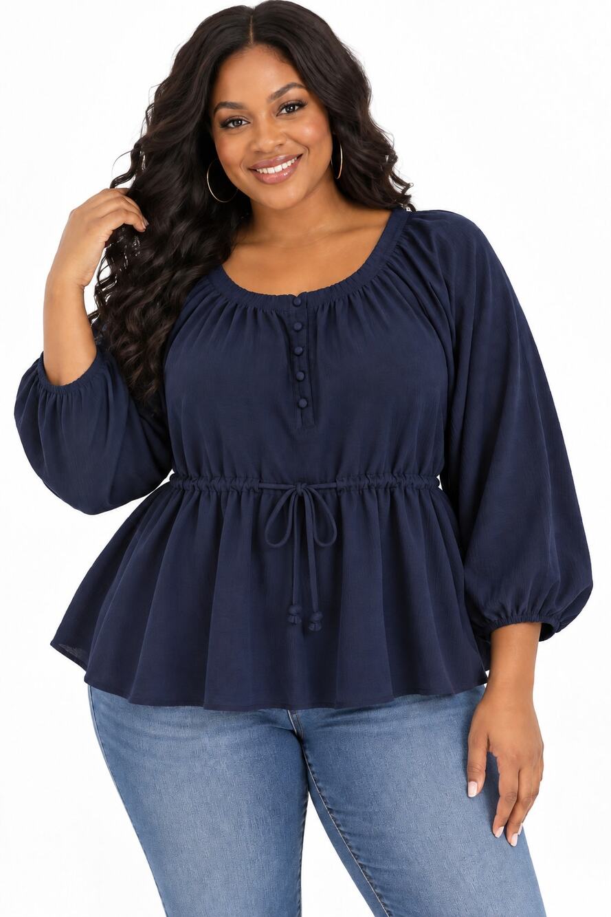 BEAUTIFUL by Lawrence Zarian Women’s 1X Navy Peasant Blouse Peplum Top